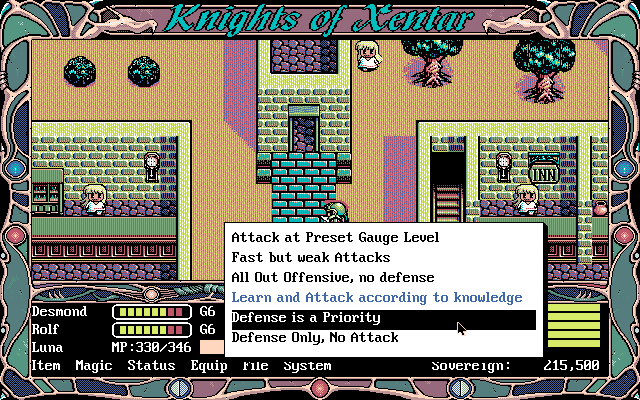 Knights of Xentar (DOS) screenshot: Another day, another similarly-looking town. Checking out some battle options