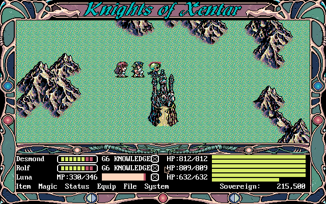 Knights of Xentar (DOS) screenshot: A more interesting world map area with a mysterious tower