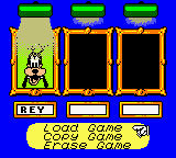 Mickey's Racing Adventure (Game Boy Color) screenshot: File Select screen - The portrait shows the character you last used