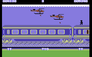 Panic Express (Commodore 64) screenshot: Being bombed by helicopters