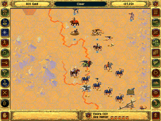 Fantasy General (DOS) screenshot: Reaching the hellish Dragonscale Archipelago, made of active volcanoes