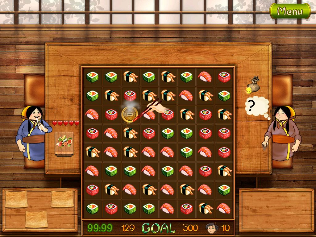Asami's Sushi Shop (Windows) screenshot: This is a dragon bonus. Swap it with another items and it will clear an entire row of sushi, in the direction of the line. The patron on the right is deciding and another left coins.