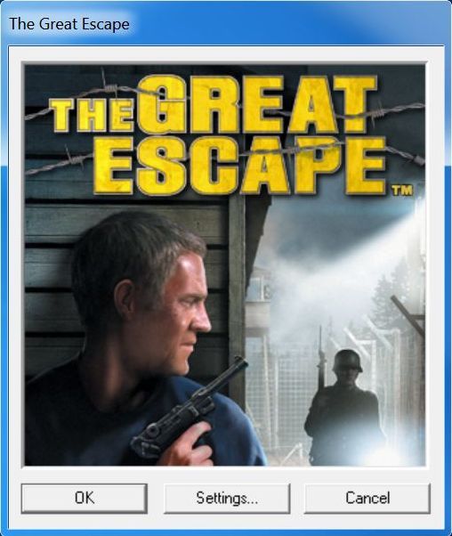 The Great Escape (Windows) screenshot: The game loads to a small window. In the Settings option the player can set the screen resolution, the colour depth and choose their preferred 3D GFX device
