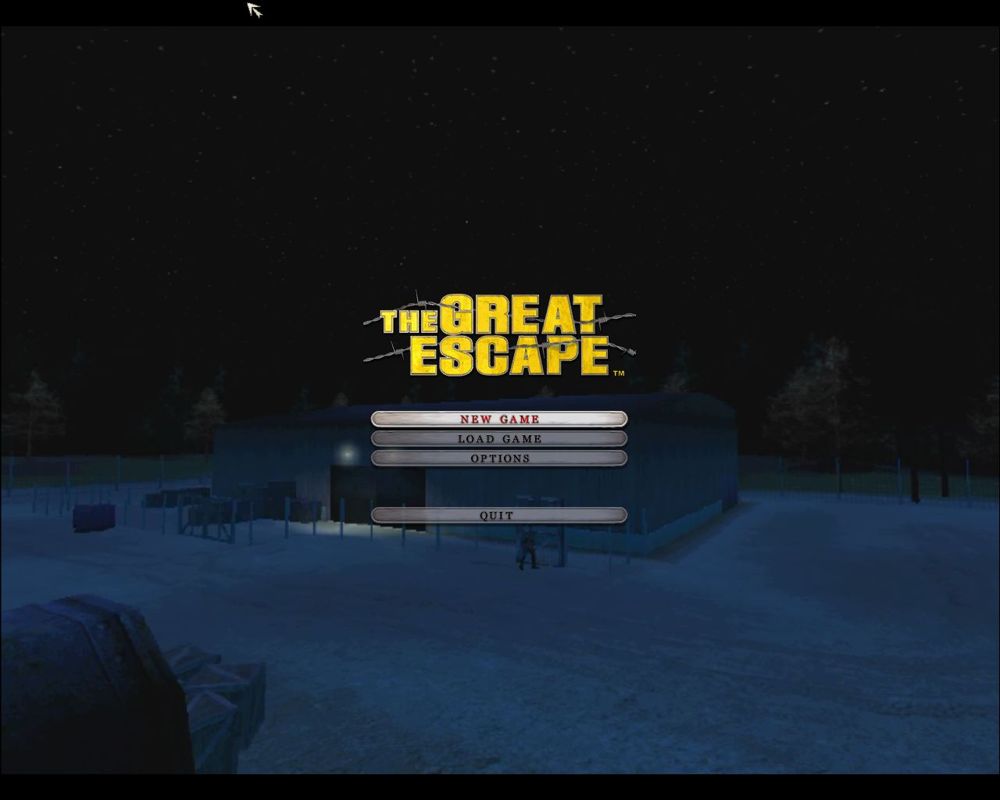 The Great Escape (Windows) screenshot: The main menu. While waiting for the player to do something the camera zooms around the camp watching guards on patrol etc