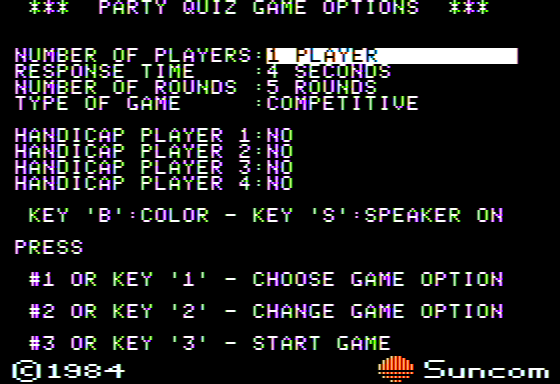 PQ: The Party Quiz Game (Apple II) screenshot: Game Options