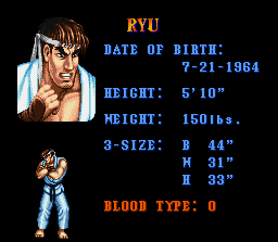 Street Fighter II Turbo (SNES) screenshot: During demonstration mode, you can see brief profiles from the fighters, one by one.