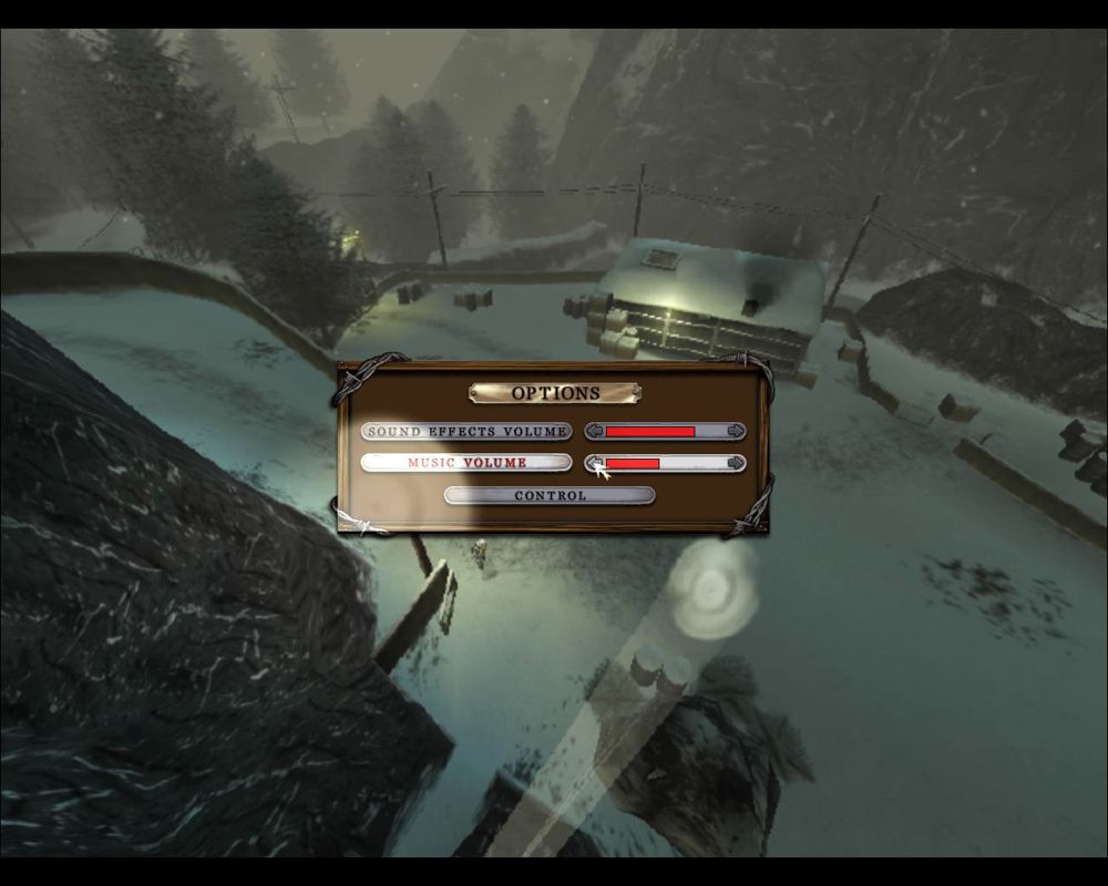 The Great Escape (Windows) screenshot: The Options tab on the main menu allows the player to adjust the sound. The Control button on this screen takes the player to the key assignment and gamepad configuration screens