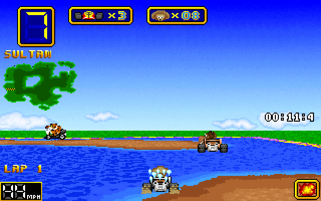 Wacky Wheels (Windows) screenshot: Terrain animation changes as you drive over different terrain types
