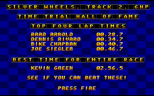Wacky Wheels (Windows) screenshot: Recorded time for the current track