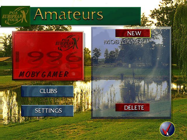 PGA European Tour (DOS) screenshot: The player icon on the lower left allows the creation of a new player. MOBYGAMER is the maximum number of letters allowed.
