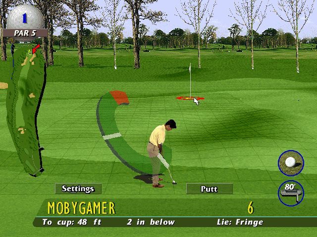 PGA European Tour (DOS) screenshot: When on the green a grid is displayed and the commentator gives helpful comments such as 'There's a significant draw from left to right'