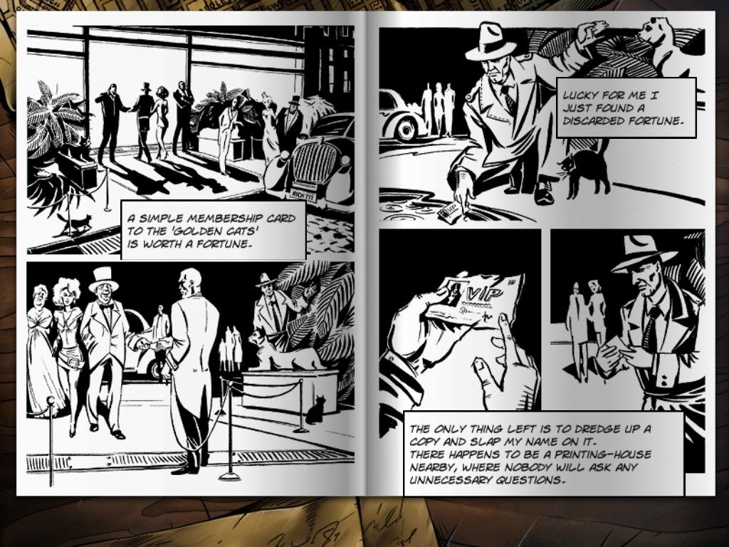 Nick Chase: A Detective Story (iPad) screenshot: Comic book transition discarded membership card