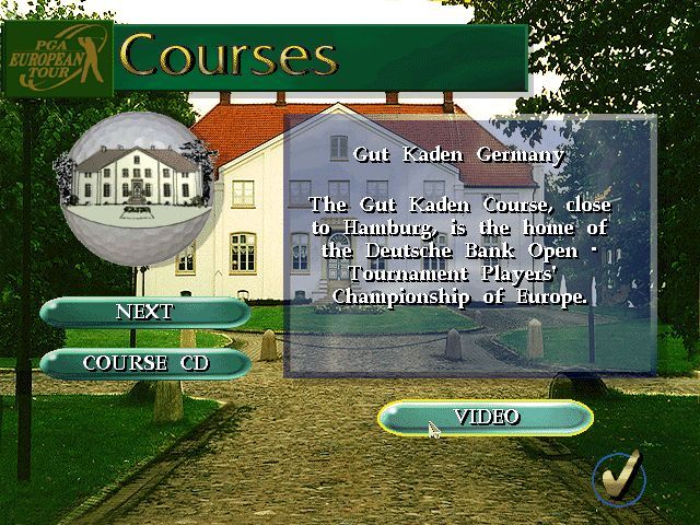 PGA European Tour (DOS) screenshot: Playing a tournament the players get to choose their course. Each course has a short summary and ...