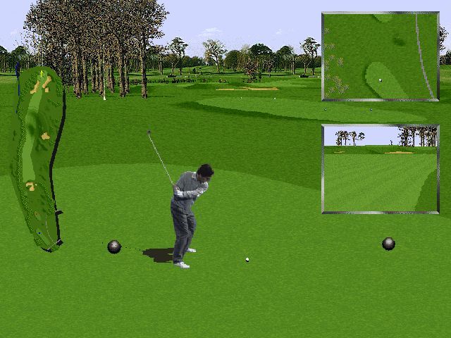 PGA European Tour (DOS) screenshot: As the back-swing starts two additional windows appear, one shows the view from the pin to the player, the other will track the ball as it travels