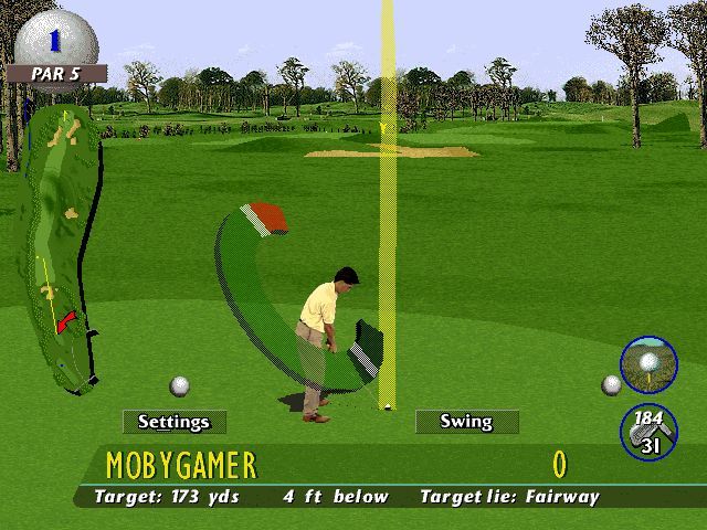 PGA European Tour (DOS) screenshot: MOBYGAMER's turn. The arc shows the power of the swing. The mouse and/or the arrows control direction. the course map on the left shows the anticipated position of the ball