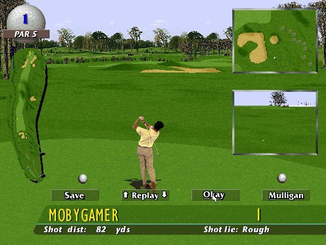 PGA European Tour (DOS) screenshot: After the shot the player is given the chance to retake or accept their shot.