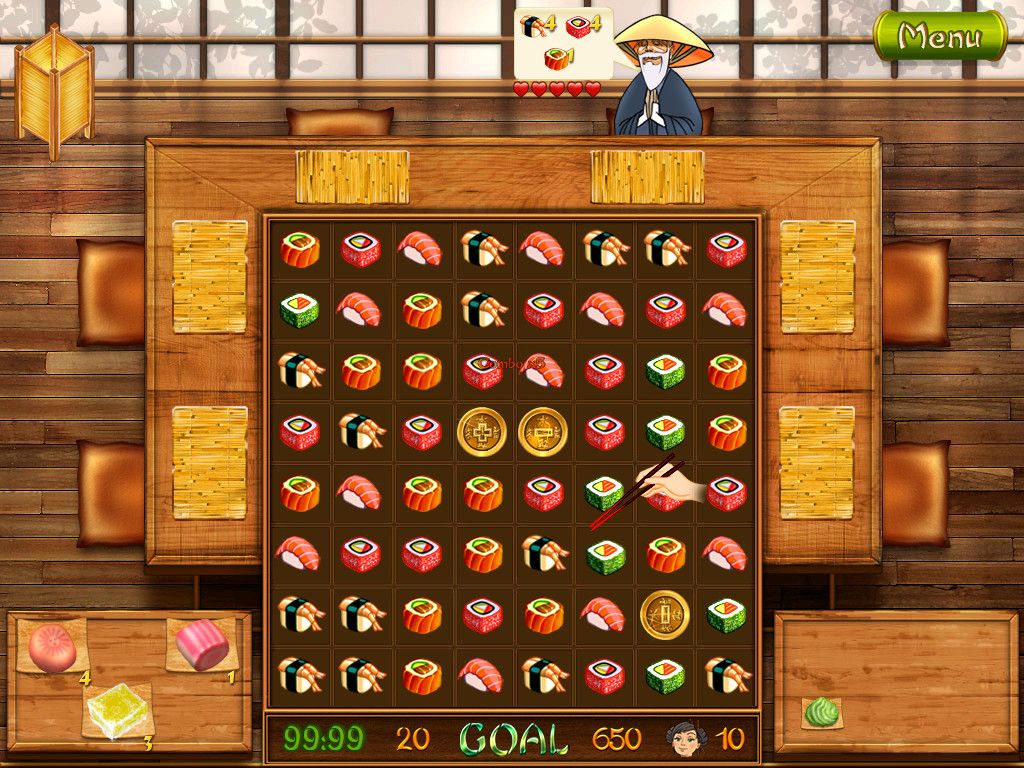 Asami's Sushi Shop (Windows) screenshot: The monk is ordering. The dragon bonus with the plus sign will clear a row and a column at the same time.