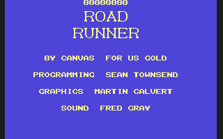 Road Runner (Commodore 64) screenshot: Title screen and credits