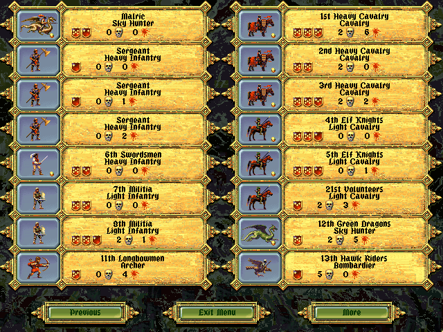 Fantasy General (DOS) screenshot: Army roster (during the battle)