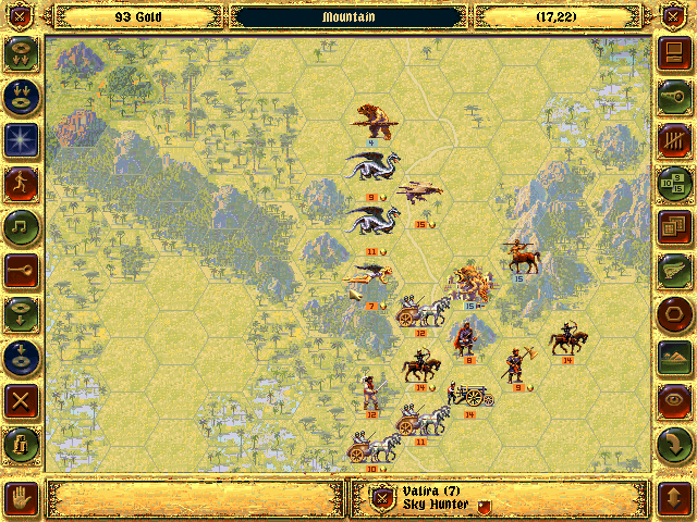 Fantasy General (DOS) screenshot: Beasts await you in the jungle. Battling in the mountain pass.