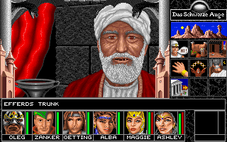 Realms of Arkania: Blade of Destiny (DOS) screenshot: Greetings, greetings, travelers! Please pardon my surprisingly Middle-Eastern countenance in this pseudo-Nordic, viking-inspired town!