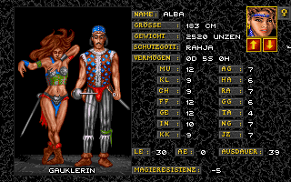 Realms of Arkania: Blade of Destiny (DOS) screenshot: Each character archetype is represented by such colorful couples