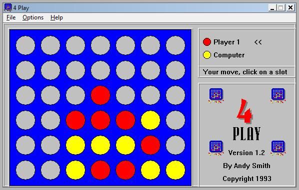 4 Play (Windows 3.x) screenshot: Game in progress. Will I win ? (I play red)