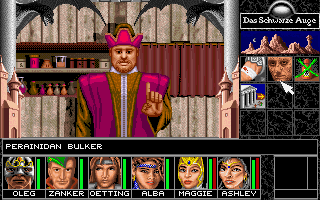 Realms of Arkania: Blade of Destiny (DOS) screenshot: This colorful dude is a doctor! He can heal you. And he grudgingly does, even though you woke him up in the middle of the night