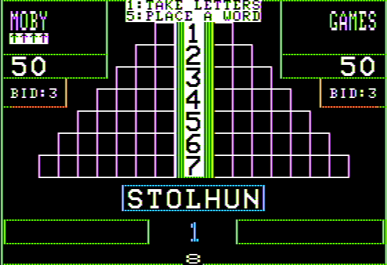 Pyramid (Apple II) screenshot: Starting the Game, the Letters Scroll Along the Bottom