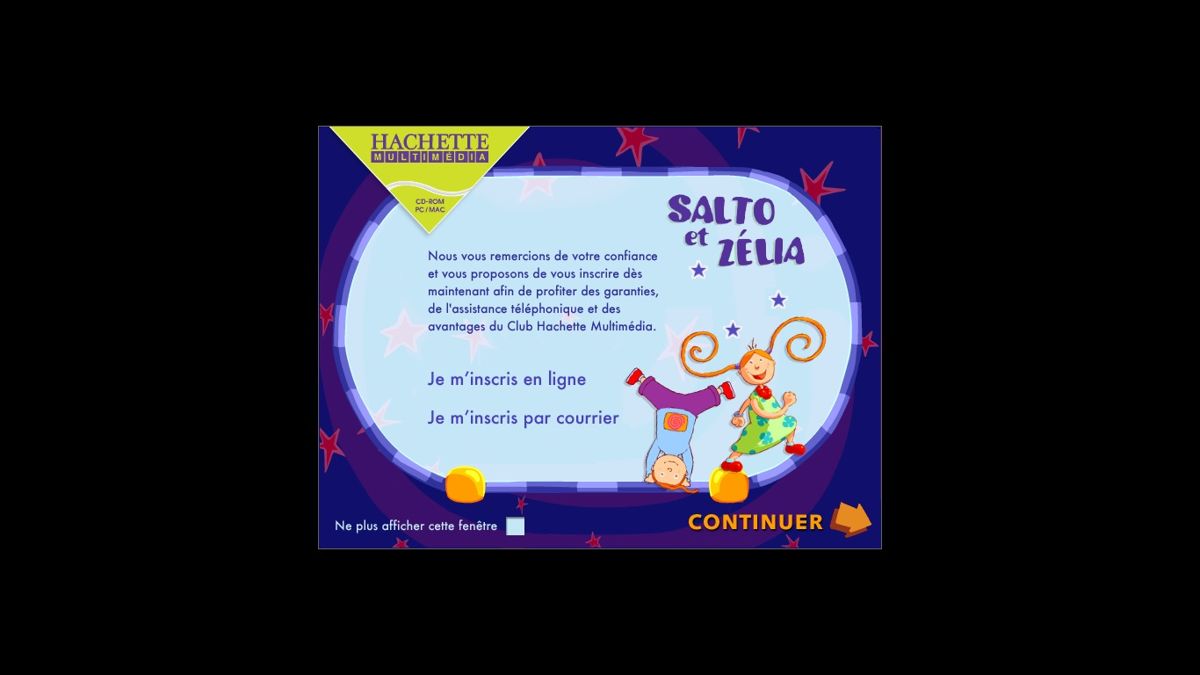 Atout p'tit Clic: Salto et Zélia chez les Robots (Windows) screenshot: Register online or by snail mail after printing a registration form.