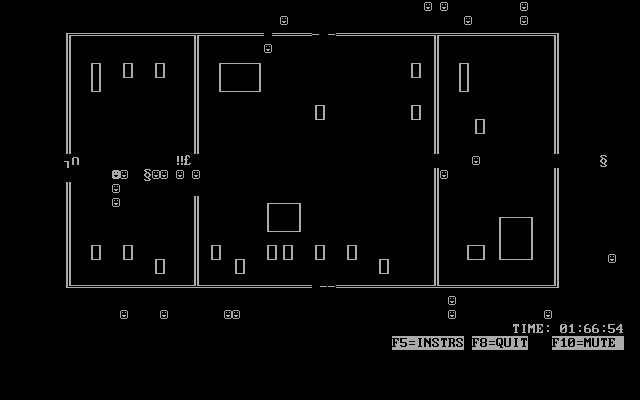 Tommy's Zombies (DOS) screenshot: The game can be played in monochrome. The odd symbols represent zombies which have been shot and which will probably re-animate