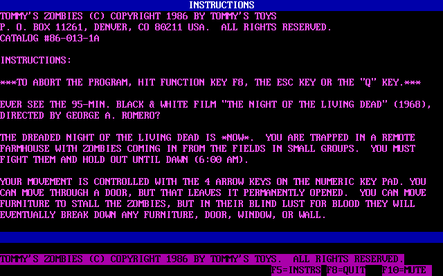 Tommy's Zombies (DOS) screenshot: The first screen of the game's instructions