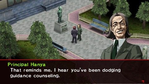 Shin Megami Tensei: Persona 2 - Innocent Sin (PSP) screenshot: Hey, I'm not the crazy-looking-guy-with-a-huge-scar-on-his-face here.