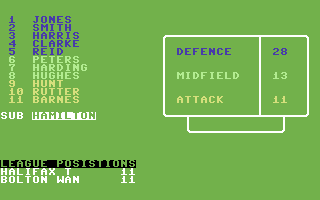 On the Bench (Commodore 64) screenshot: Your team against Bolton
