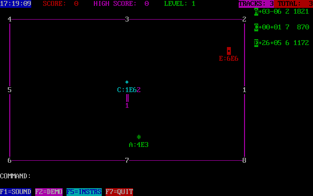 Tommy's ATC (DOS) screenshot: A game in progress. C in the centre is a jet that's about to take off. A is a propeller driven plane that needs to land, it's at height 4 and has 3 units of fuel. E is a supersonic plane