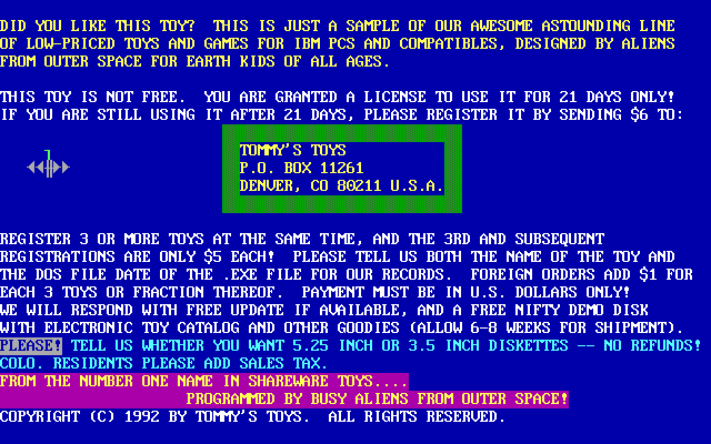 Tommy's Paddles (DOS) screenshot: This is a shareware game so, on exit, the player is prompted to pay up