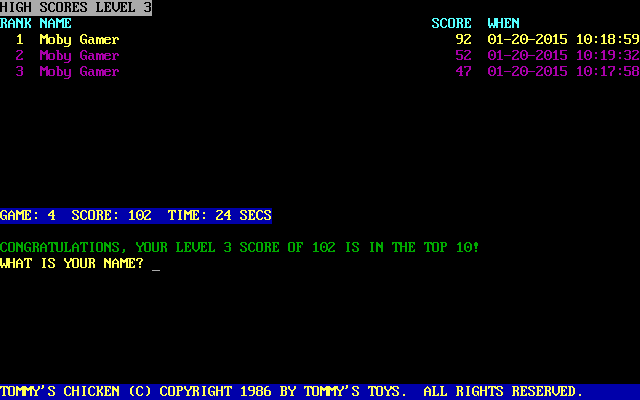 Tommy's Chicken (DOS) screenshot: The game's high score table
