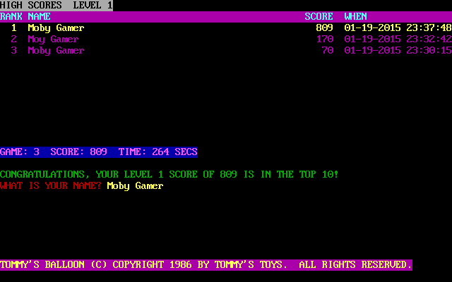 Tommy's Balloon (DOS) screenshot: The high score table