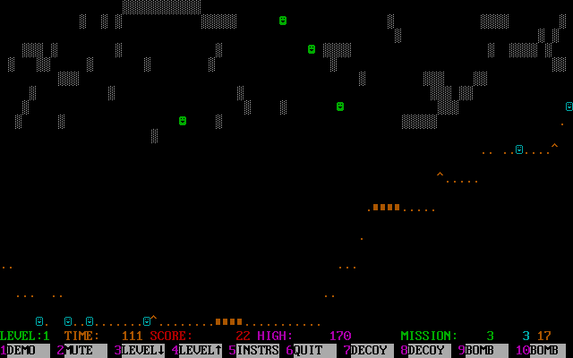 Tommy's Balloon (DOS) screenshot: One of the player's defences is to launch decoy balloons. It seems to be effective but the launch costs fifty points