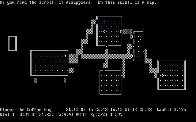NetHack-- (DOS) screenshot: Found a map scroll playing as the Officer (v3.0.10).