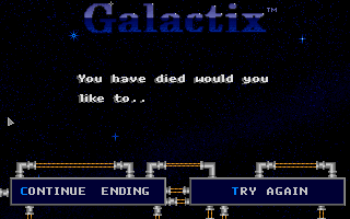 Galactix (DOS) screenshot: Continue ending or try again