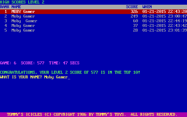 Tommy's Icicles (DOS) screenshot: The game's high score table