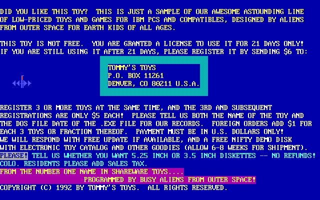 Tommy's Icicles (DOS) screenshot: This is a shareware game. On exit the player is reminded to pay up