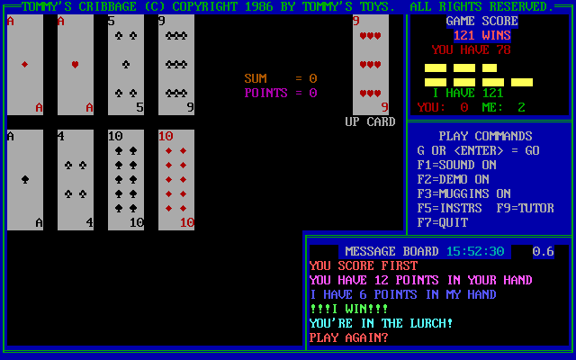 Tommy's Cribbage (DOS) screenshot: Here the player lost the game and failed to make the minimum score thus triggering the Lurching rule. However, the game did not play fair, the computer took the points from every box!!!
