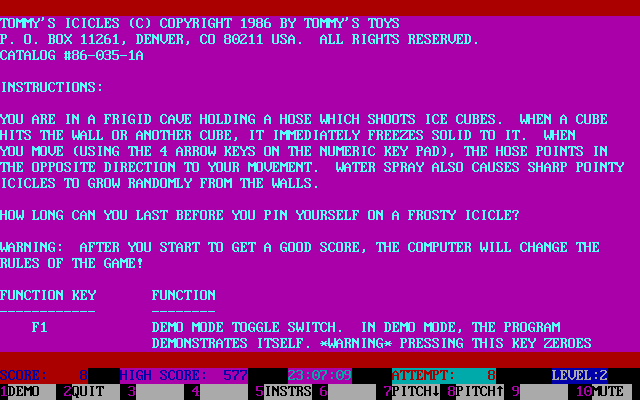 Tommy's Icicles (DOS) screenshot: The first screen of the in-game instructions. These are accessed via the F5 key