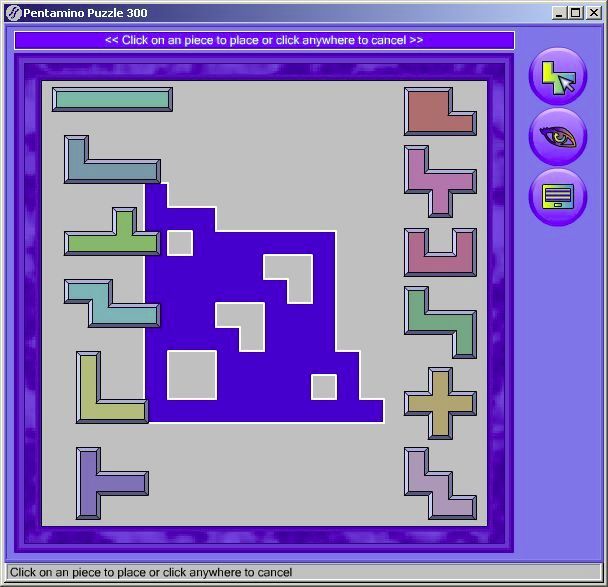 2002 Pentamino Puzzles (Windows) screenshot: All puzzles are numbered, use the same standard tile set, and have a template/framework in the centre of the game area