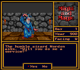 Might and Magic II: Gates to Another World (SNES) screenshot: A wizard who has a quest for you.