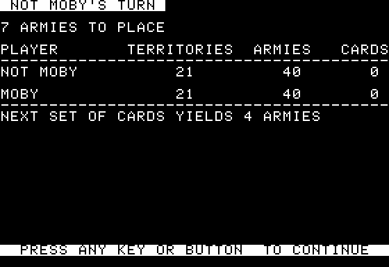 The Computer Edition of Risk: The World Conquest Game (Apple II) screenshot: Current Status