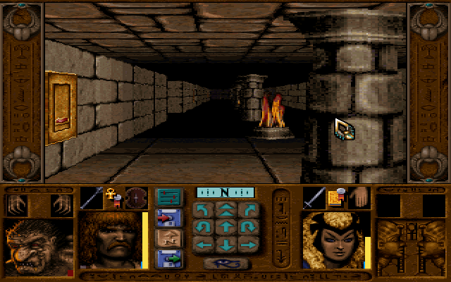 Ravenloft: Stone Prophet (DOS) screenshot: Another dungeon with pillars, golden switches, and flames
