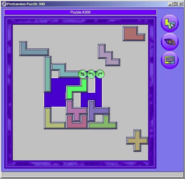 2002 Pentamino Puzzles (Windows) screenshot: Pieces are dragged into position with the mouse. The mouse is also used to rotate and flip the pieces